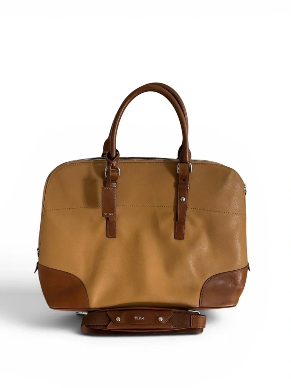 TUMI Sinclair Tegan Canvas Leather Laptop Tote Bag Natural Saddle Tan